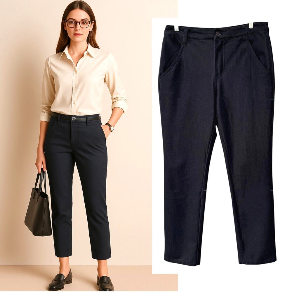 Tahari 10/30 High Rise Trousers $178 Stretch Cotton Dress Pants Crop Navy Blue